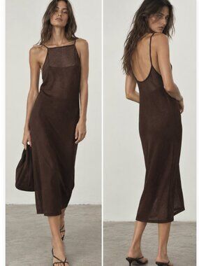 ZARA Mesh Open Knit Brown Cover Up Sheer Midi Dress Brown Large